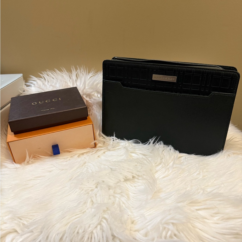 Burberry Black and Deep Mossy Olive Green Leather Clutch